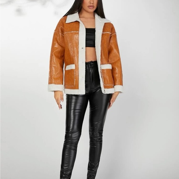 Brown / camel / cognac Teddy Lined Drop Shoulder PU faux Leather Coat - Picture 4 of 5
